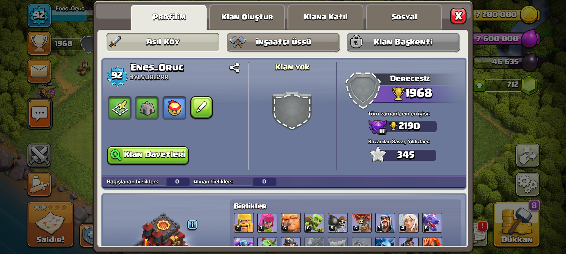 CLASH OF CLANS HESABI 92 LEVEL 5İNSAATÇI 810819 İtemsatış