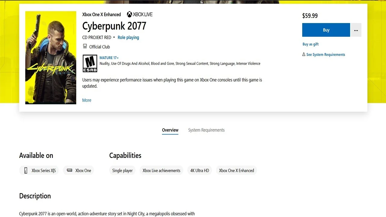 Xbox Mağaza Sayfasında Cyberpunk 2077 İçin Uyarı Mesajı Yayınlandı