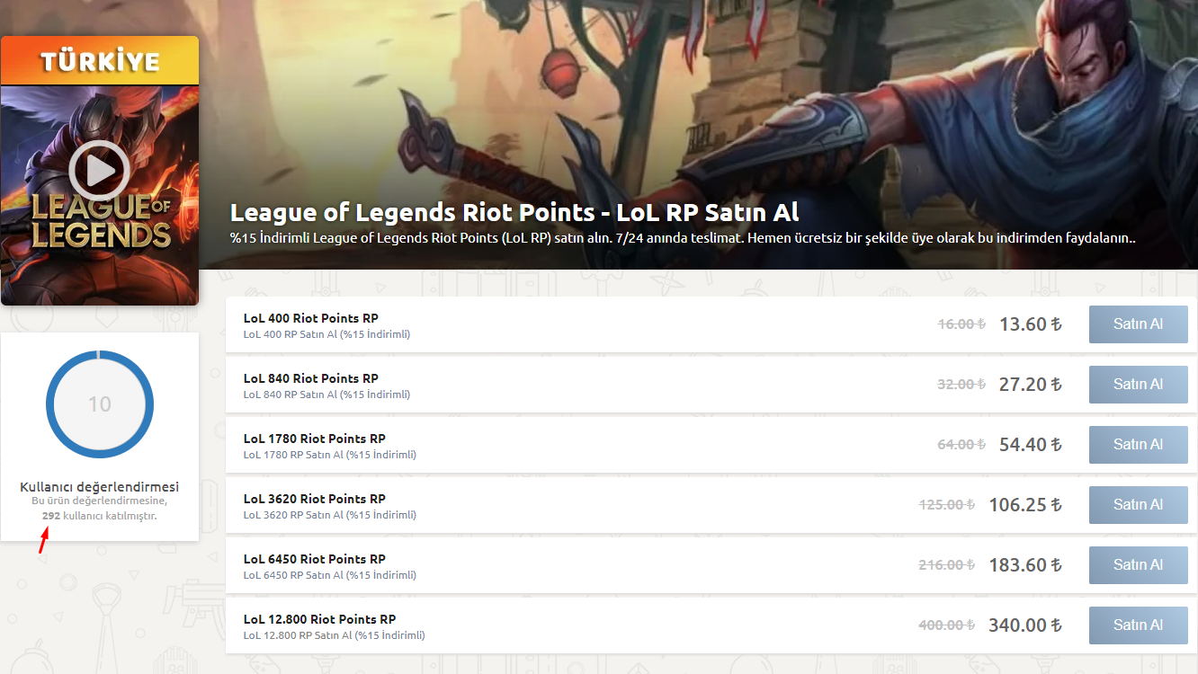 League of Legends LoL Riot Points (RP) Satış Sitesi