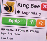 1 X KİNG BEE ( R ) ADOPT ME 