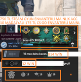 10 MADALYALI 1 LV 175 TL CS GO ENVANTER 750 TL