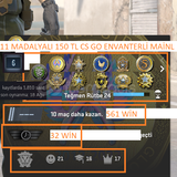 11 MADALYALI 24 LV 150 TL CS GO ENVANTERLİ PUBG