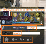 11 MADALYALI 3 LV 40 TL CS GO ENVANTERLİ 1.676