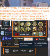 13 MADALYALI 950+850 TL CS 2 VE DOTA 2 ENVANTER