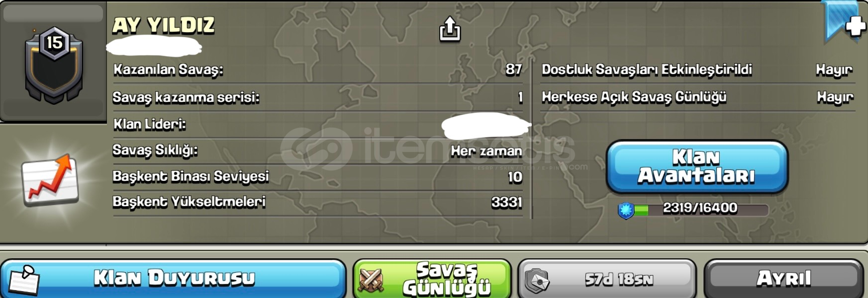 15 SEVİYE AY YILDIZ İSİMLİ KLANIM ACİL SATILIK 15 SEVİYE AY YILDIZ İSİMLİ KLANIM ACİL SATILIK
