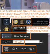 3 MADALYALI 11 LV 100+58 TL CS GO ENVANTERLİ VE