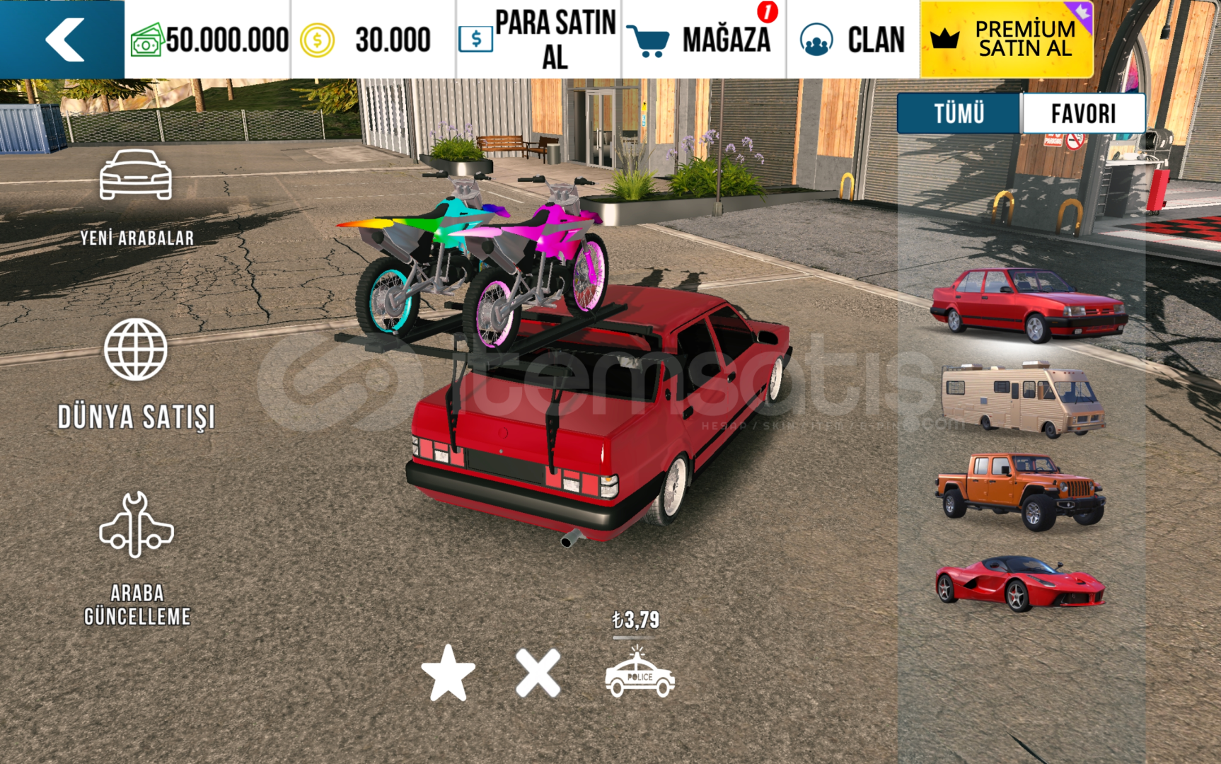 30K COİN+50M PARA (FERRARİ-KARAVAN-PİCK-UP)