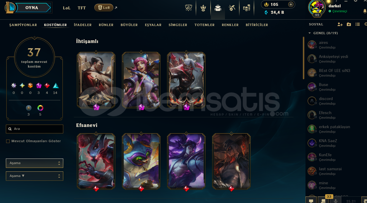 league of legends / 37 skin / 3 prestijli hesap  league of legends / 37 skin / 3 prestijli hesap