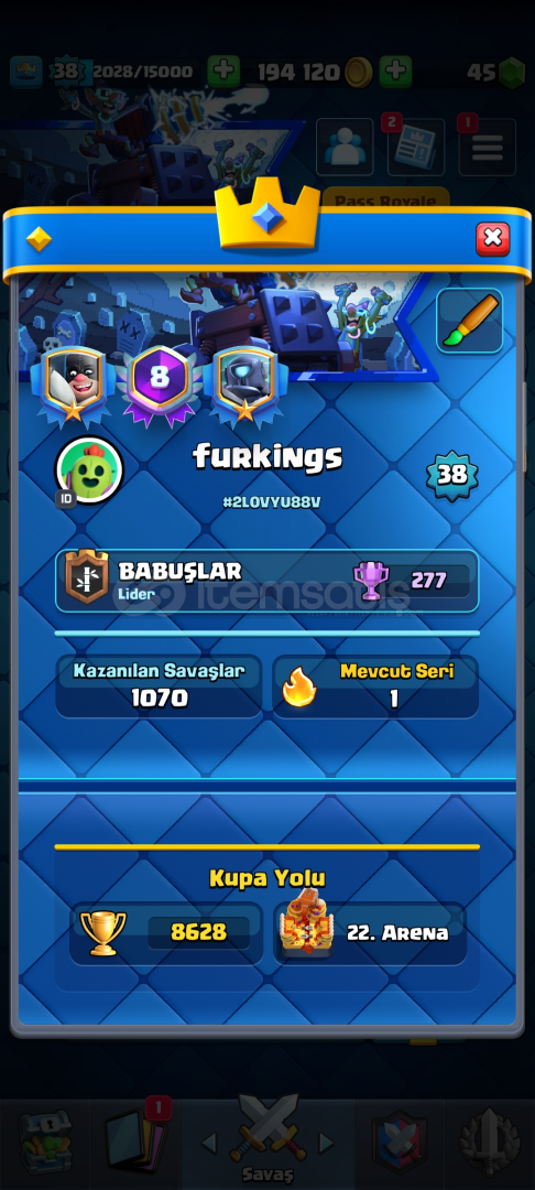 38 lvl 8 yıl rozetli 8,6k kupa 119 kartlı hesap 38 lvl 8 yıl rozetli 8,6k kupa 119 kartlı hesap