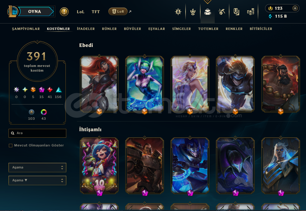 391 SKIN LOL + VALORANT HESABI 391 SKIN LOL + VALORANT HESABI
