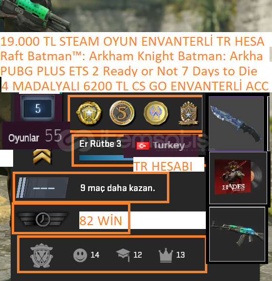 4 MADALYALI 6200 TL CS GO ENVANTERLİ BIÇAKLI PU 4 MADALYALI 6200 TL CS GO ENVANTERLİ BIÇAKLI PU
