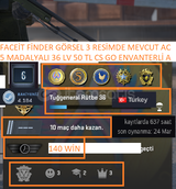 5 MADALYALI 36 LV 50 TL CS GO ENVANTERLİ FACEİT