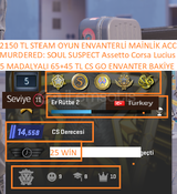 5 MADALYALI 65+45 TL CS GO ENVANTER VE STEAM BA