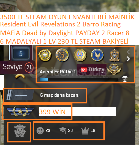 6 MADALYALI 1 LV 230 TL STEAM BAKİYELİ MAFİA PA 6 MADALYALI 1 LV 230 TL STEAM BAKİYELİ MAFİA PA