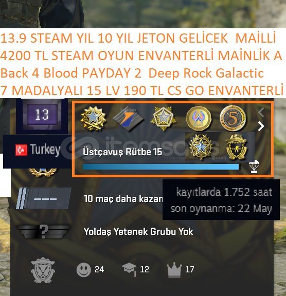 7 MADALYALI 15 LV 190 TL CS GO ENVANTERLİ Back4 7 MADALYALI 15 LV 190 TL CS GO ENVANTERLİ Back4