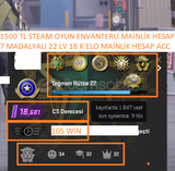 7 MADALYALI 22 LV 18 K ELO 1500 TL STEAM OYUN E