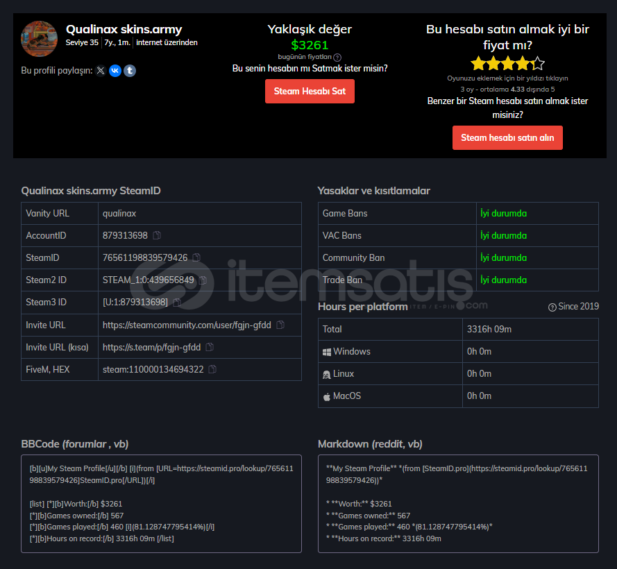 3261$ 7 Yıllık 35 Level 463 Oyunlu Steam hesabım 3261$ 7 Yıllık 35 Level 463 Oyunlu Steam hesabım