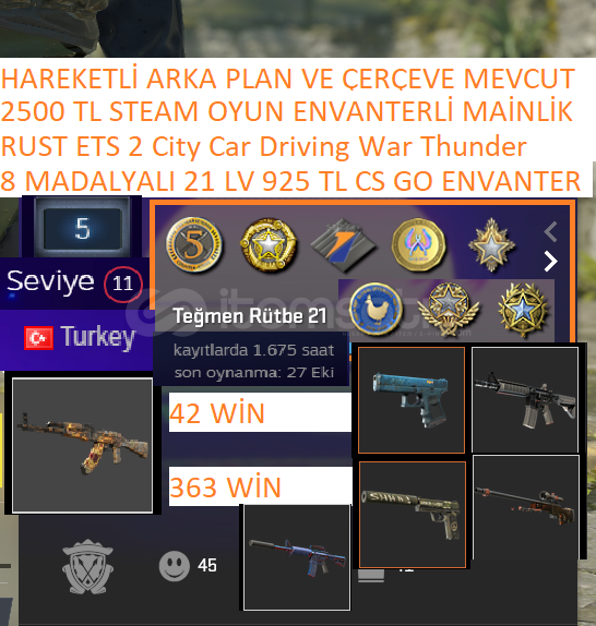 8 MADALYALI 21 LV 925 TL CS GO ENVANTERLİ RUST 8 MADALYALI 21 LV 925 TL CS GO ENVANTERLİ RUST