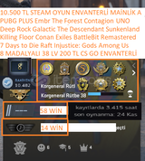 8 MADALYALI 38 LV 200 TL CS GO ENVANTERLİ PUBG