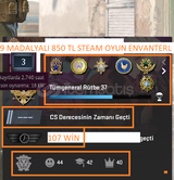 9 MADALYALI 37 LV 125 TL CS GO ENVANTERLİ 850 T