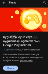 %95 GOOGLE PLAY İNDİRİMİ OYUN İÇİ VE UYGULAMA