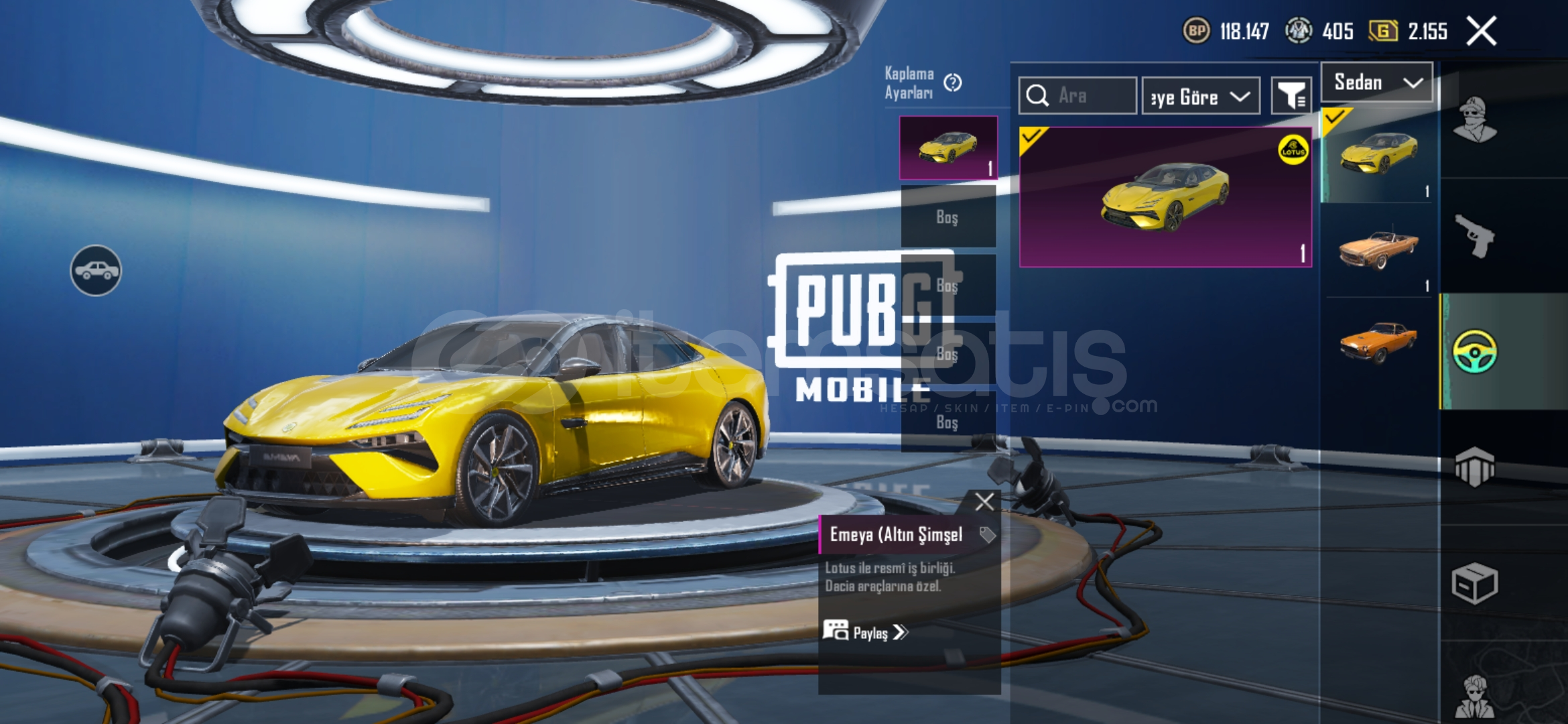 Arabalı Sonic Tekneli pubg mobile hesabı Lotus Arabalı Sonic Tekneli pubg mobile hesabı Lotus