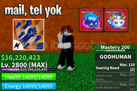 BF 2800 LVL + YETI & GAS FRUIT + GOD HUMAN HESAP