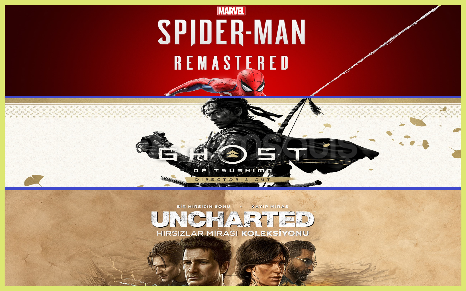 Spider R. + Ghost of Tsushima + Uncharted Spider R. + Ghost of Tsushima + Uncharted