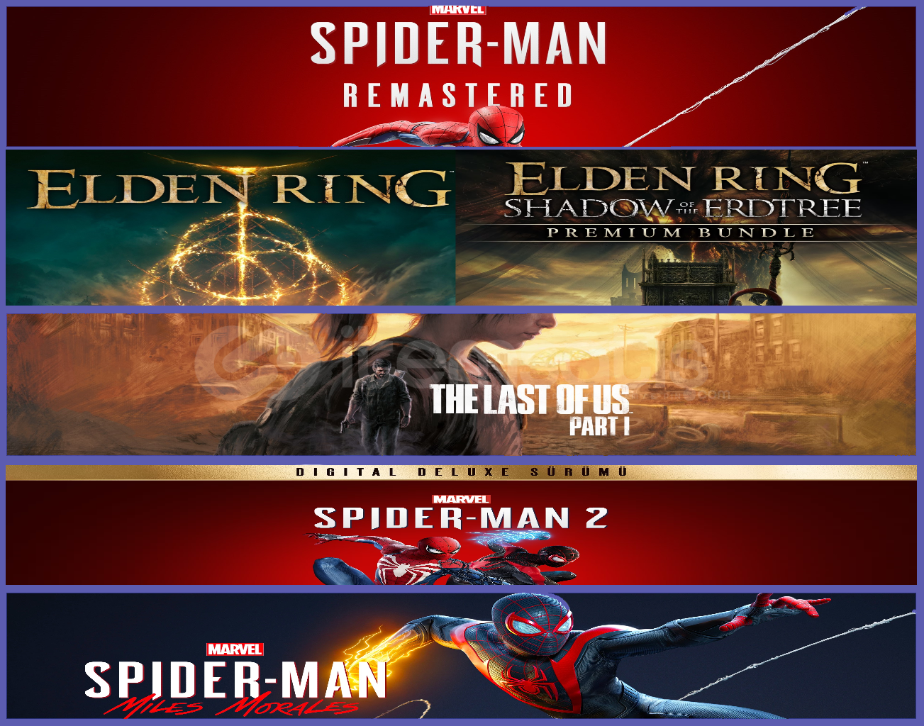 Spider R + Elden Ring + Tlou + Spider 2 + Miles Spider R + Elden Ring + Tlou + Spider 2 + Miles