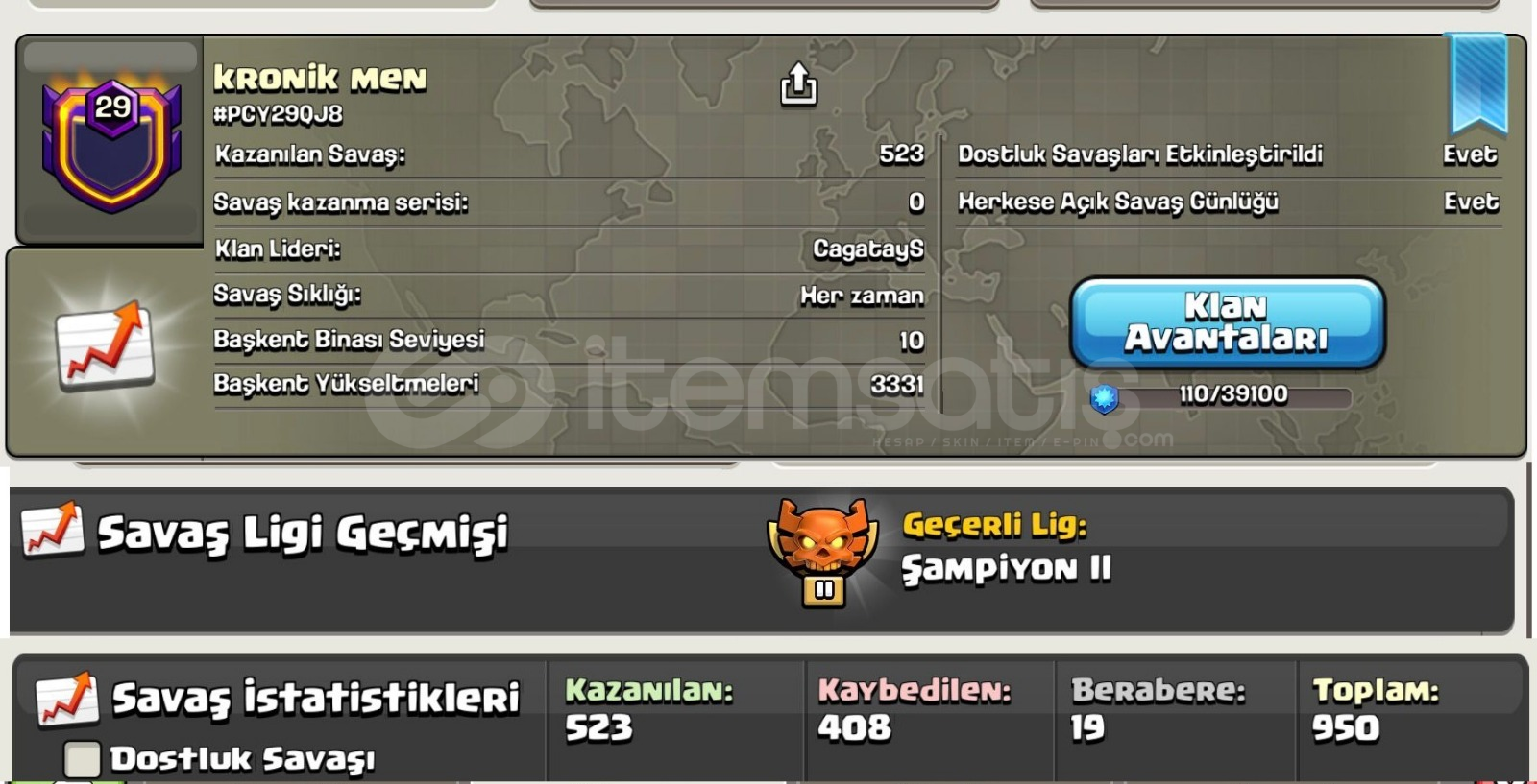 BEDAVA FİYATINA 29 LVL ŞAMPİYON 2 LİG KLAN