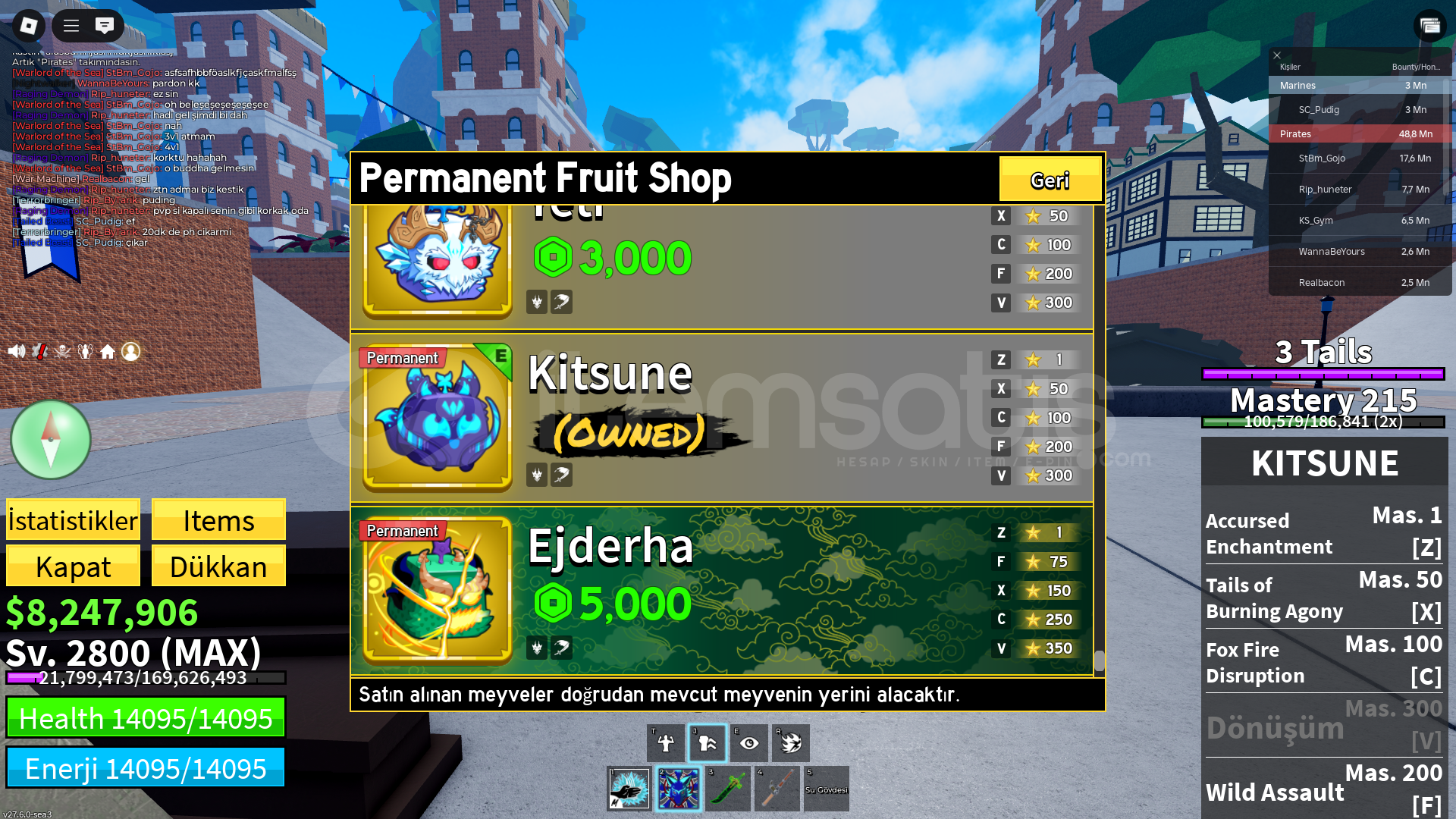 Blox Fruit Kitsune + 5 permli gamepassli hesap Blox Fruit Kitsune + 5 permli gamepassli hesap