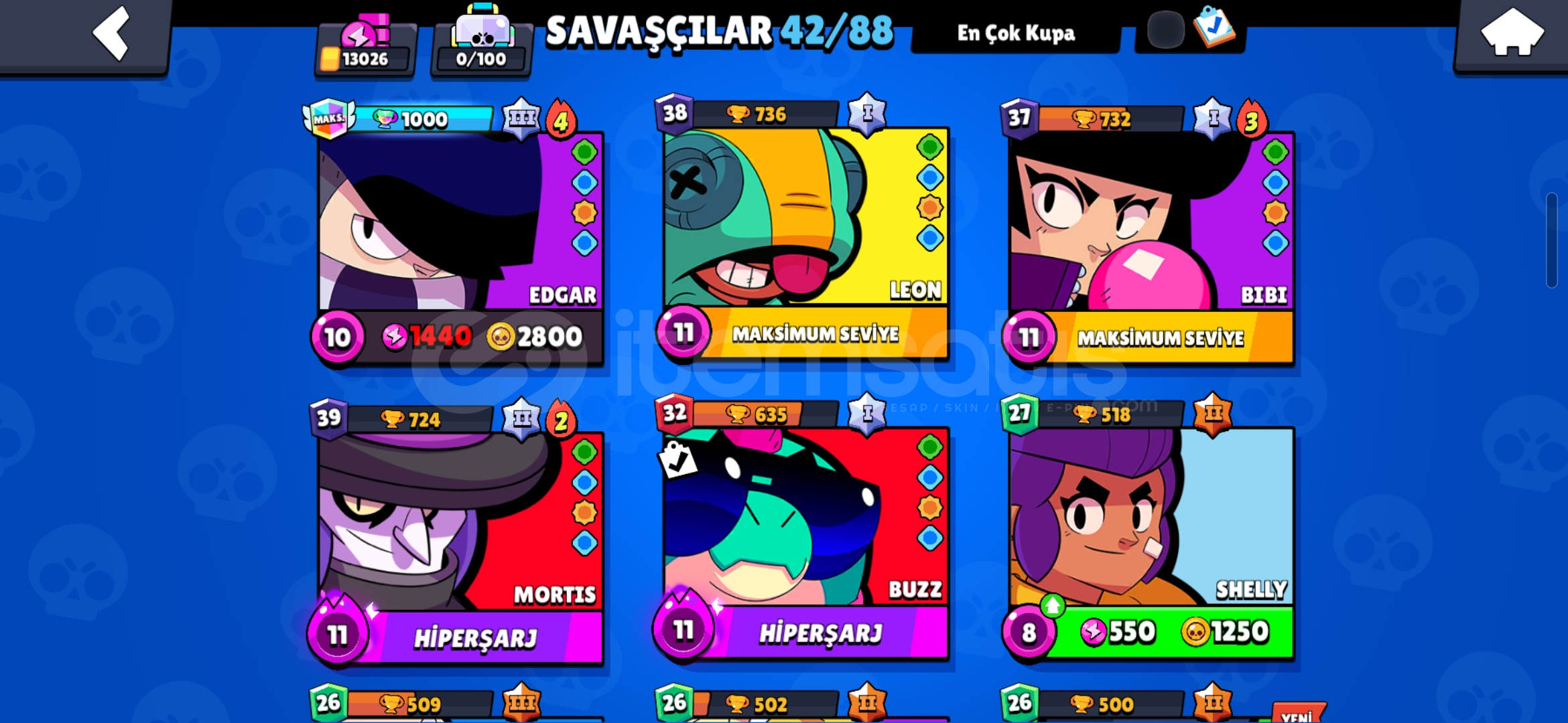 BRAWL STARS 13K HESAP 42 KARAKTER TEKLIFE ACIK