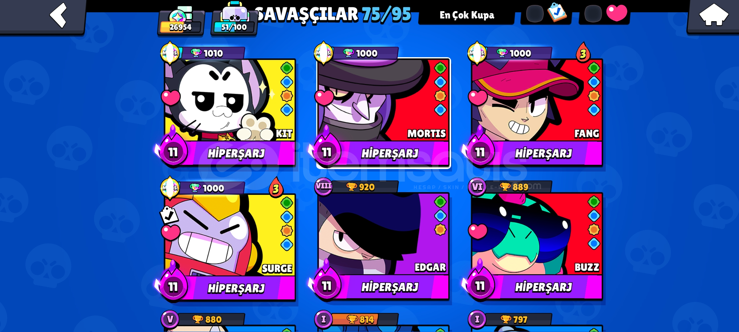 Brawl Stars hesap 26K 75 karakter 134 kostüm