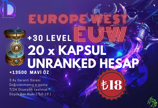 EUW ✔️20 Kapsül+13500 Mavi öz✔️Unranked Hesap