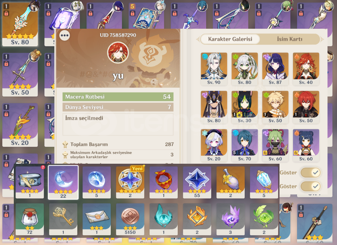 Genshin+Hsr skinli+10 wish tek hesap Genshin+Hsr skinli+10 wish tek hesap