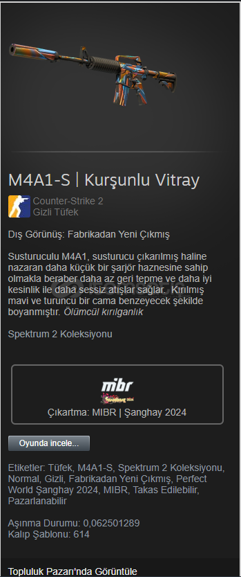 M4A1-S | Kurşunlu Vitray(Fabrikadan Yeni Çıkmış) M4A1-S | Kurşunlu Vitray(Fabrikadan Yeni Çıkmış)
