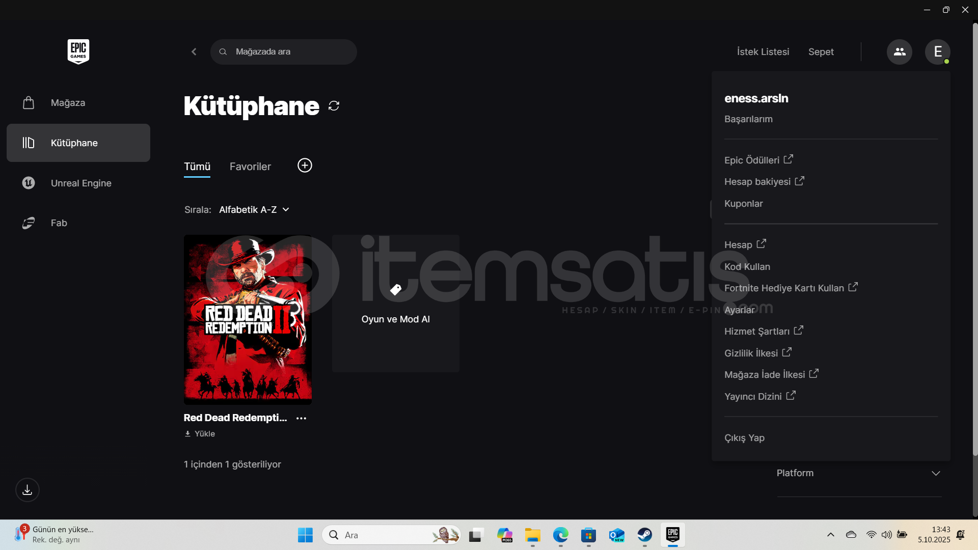 Red Dead Redeption 2 RDR2 li Epic hesabı  Red Dead Redeption 2 RDR2 li Epic hesabı