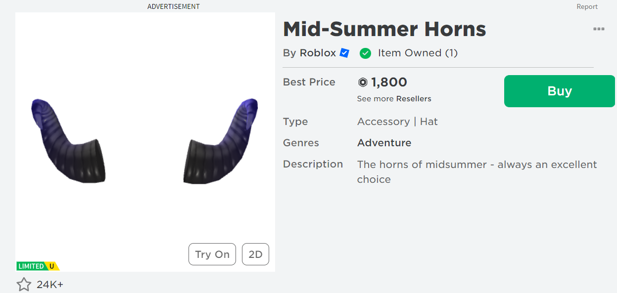 Roblox Limited Mid-Summer Horns 80₺