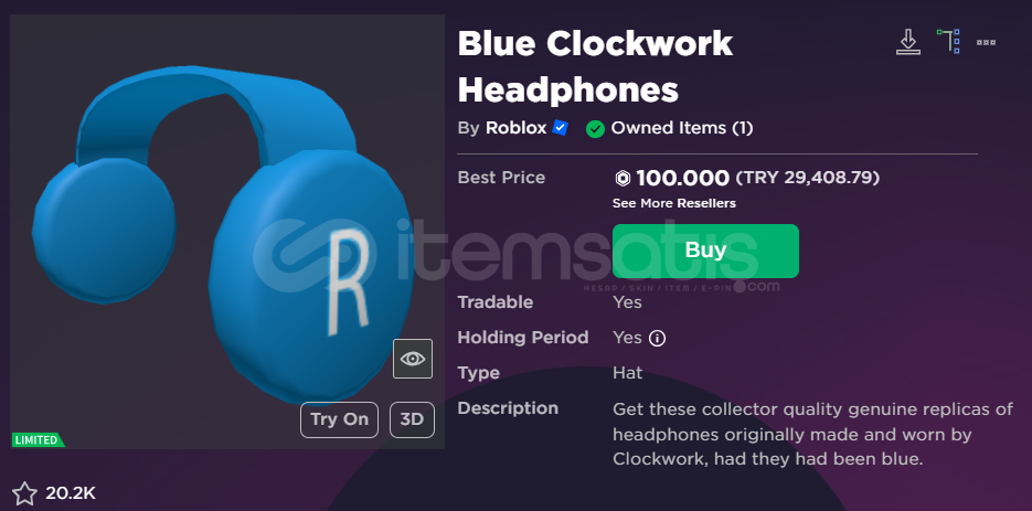 Roblox Limited BCWHP Blue Clockwork Headph 1834359 temsat