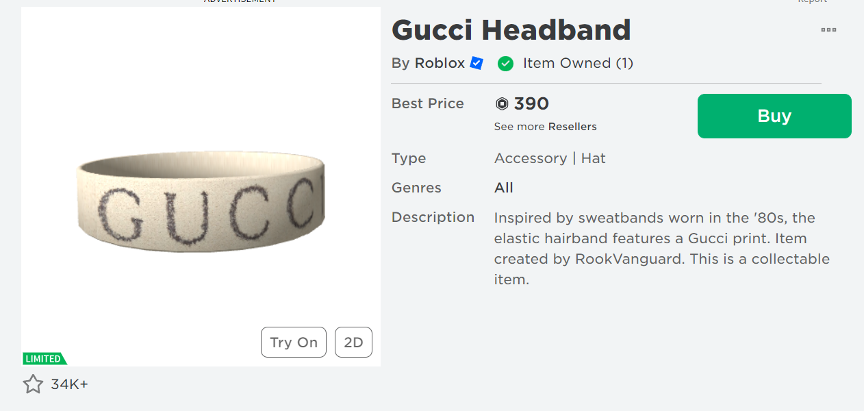 Roblox Limited Gucci Headband 20₺