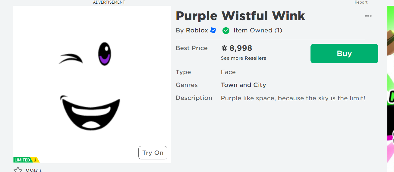 Roblox Limited Purple Wistful Wink 619₺
