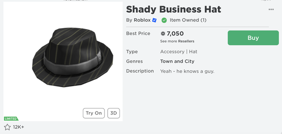 Roblox Limited Shady Business Hat - 1105792 