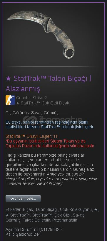 ★ StatTrak Talon Knife | Scorched 12250 TL ★ StatTrak Talon Knife | Scorched 12250 TL