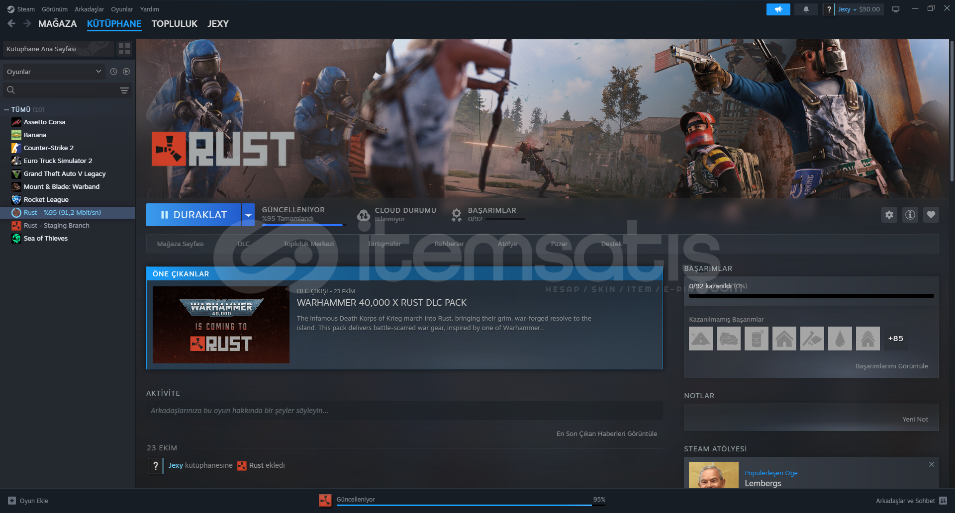 Steam rust ve 50 dolar bakiyeli hesap