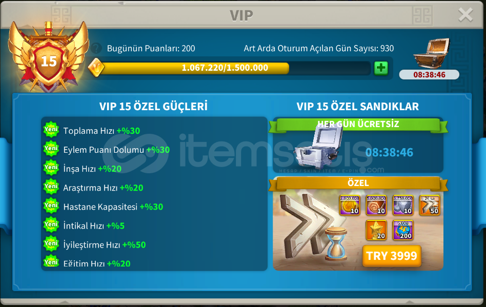 68M VİP 15 1900 Gün Hızlandırma 855 Altın Kafa  68M VİP 15 1900 Gün Hızlandırma 855 Altın Kafa