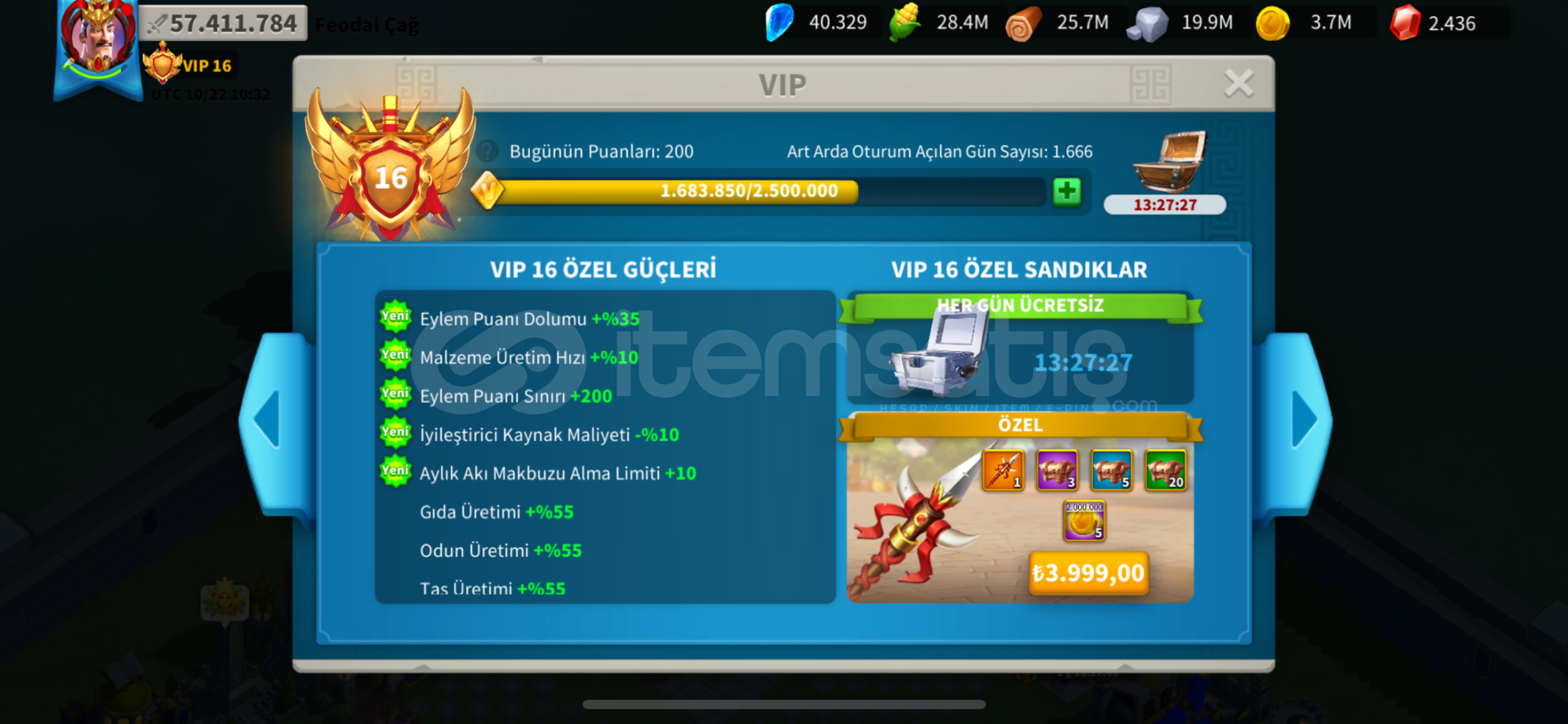 VIP 16 3 kıta çıkabilen hesap VIP 16 3 kıta çıkabilen hesap
